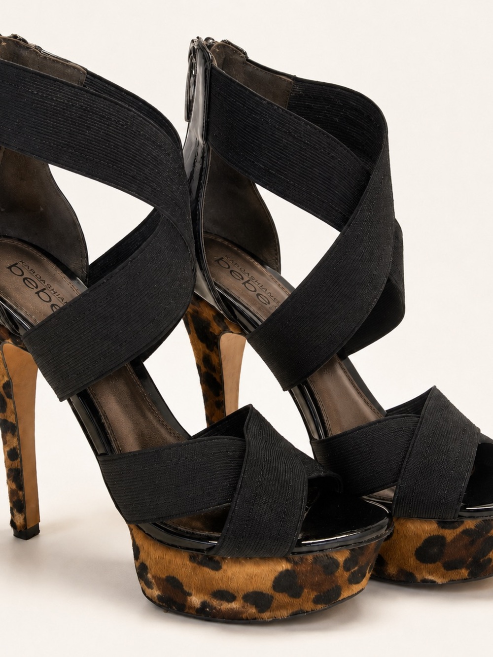 Vintage Bebe Black Strappy Heels with Leopard-Print Platform